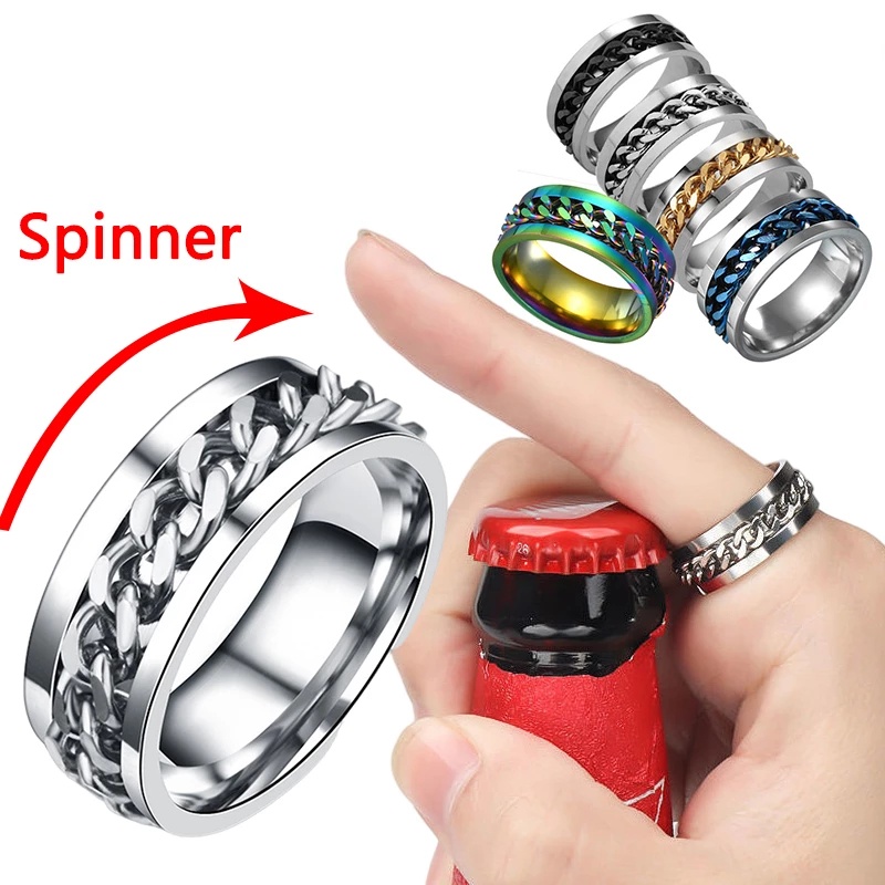 Girar Ansiedad Fidget Anillos Titanio Acero Inoxidable Cadena Spinner