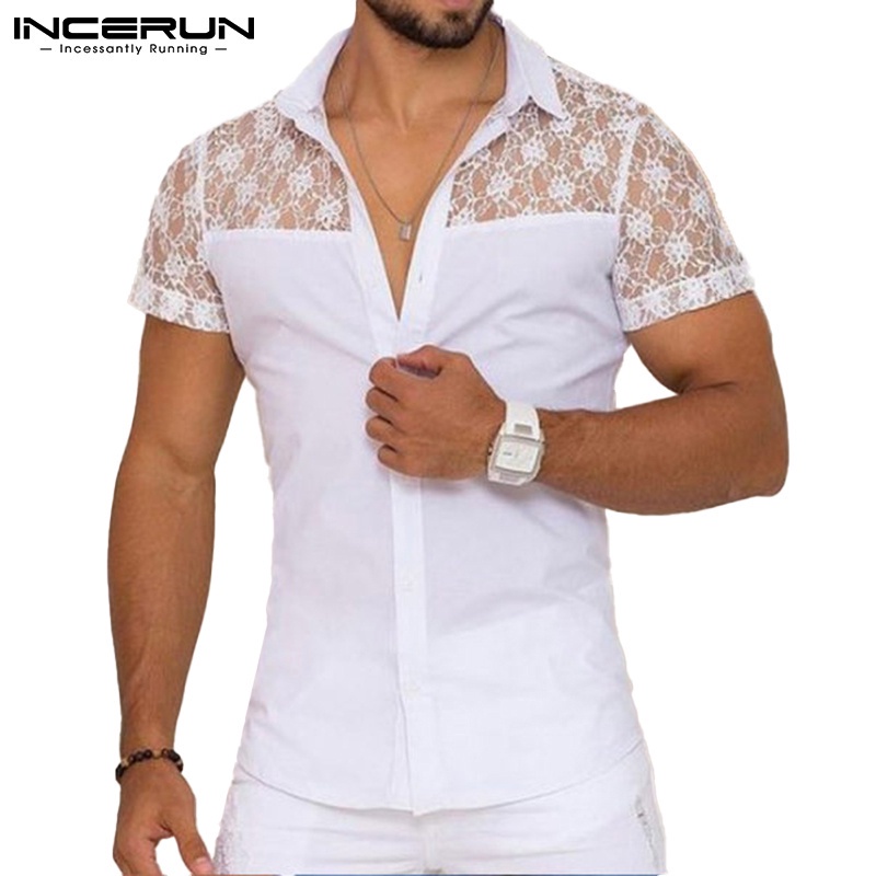 Incerun Hombres Elegante Patchwork Encaje Transparente Manga Corta