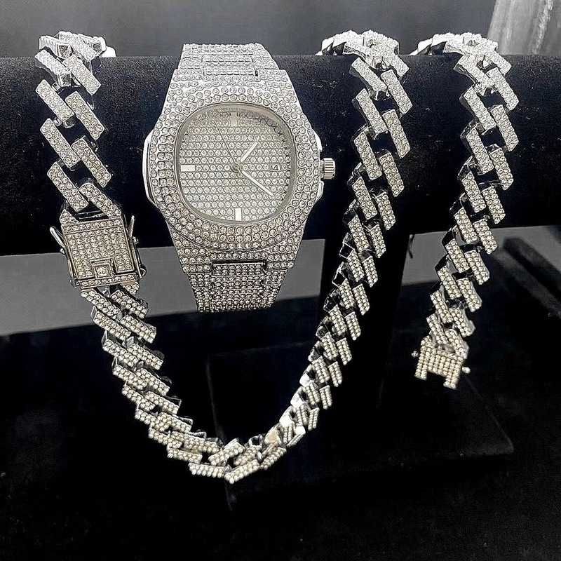 3PCS Iced Out Relojes Para Los Hombres De Oro Reloj Cubano Cadenas De