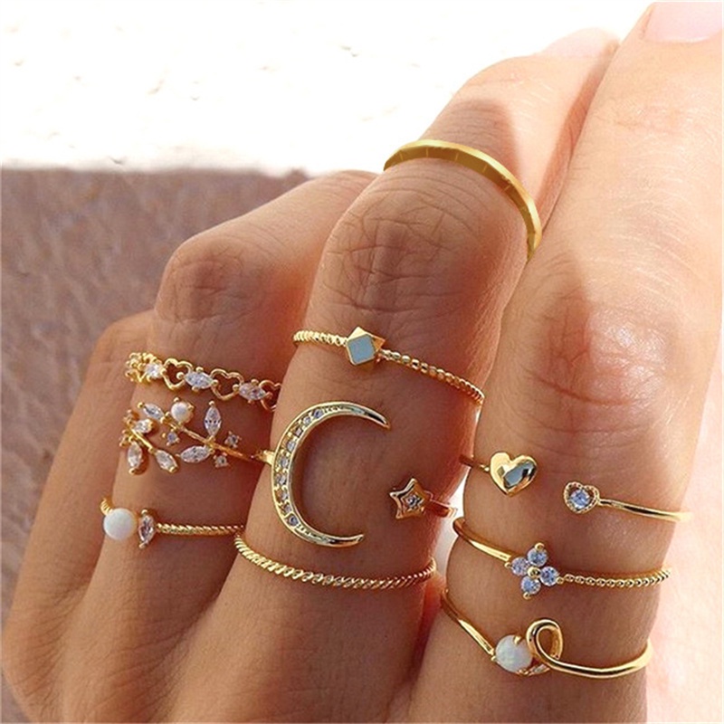 Conjunto De Anillos De Cadena De Oro Bohemio Para Mujeres Moda