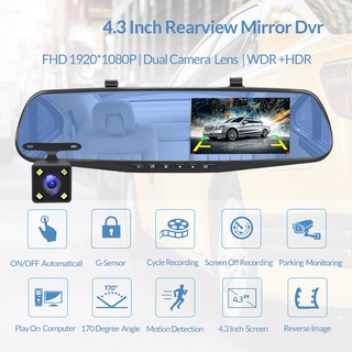  DVR Espejo retrovisor grabador de video, 4.3  pulgadas de la  cámara del automóvil de doble lente, cámara nocturna : Electrónica