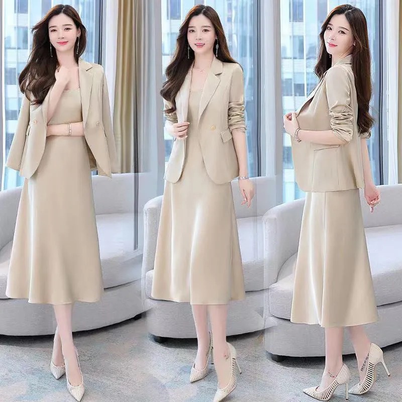 2PCS Blazer Vestido Traje De Moda Talla Grande Conjunto Suelto Oficina Formal OL Wear Senoras Mujeres Chaqueta Casual Abrigo Elegante Largo