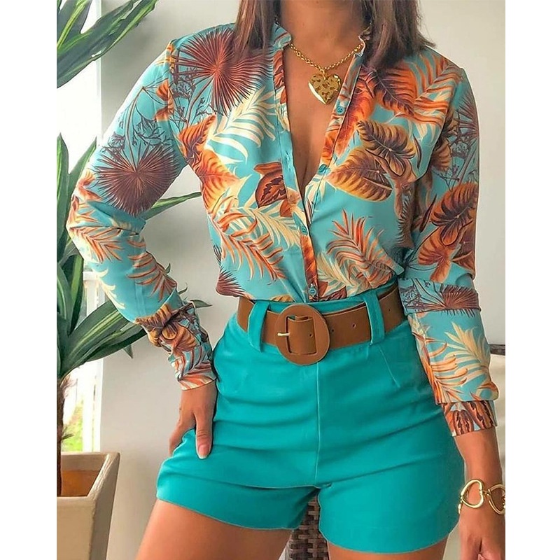 Camisa Con Botones De Manga Larga Con Estampado Floral Para Mujeres De  Verano Tops Blusa Y Pantalones Cortos Trajes Elegantes Conjuntos De 2  Piezas Sin Cinturón