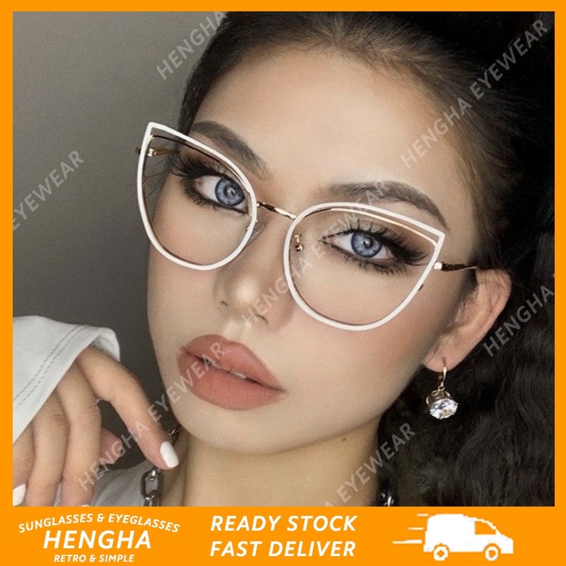 HENGHA Western Fashion Design Metal Marco Hueco Ojo De Gato Azul Bloqueo De Luz Gafas Mujeres Shopee Colombia