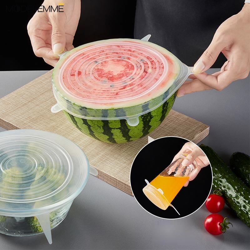 6 tapas elásticas de silicona reutilizables herméticas para alimentos,  cubiertas de mantener fresco sello tazón elástico envoltura cubierta de  cocina utensilios de cocina