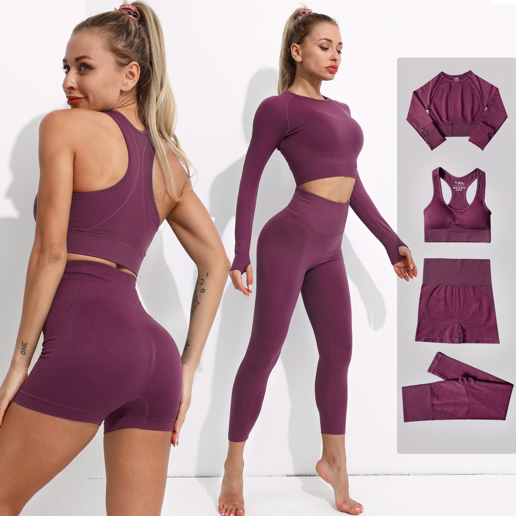 Conjunto De Yoga Sin Costuras Para Mujeres Ropa Deportiva Gimnasio Fitness Manga Larga Crop Top Leggings De Cintura Alta