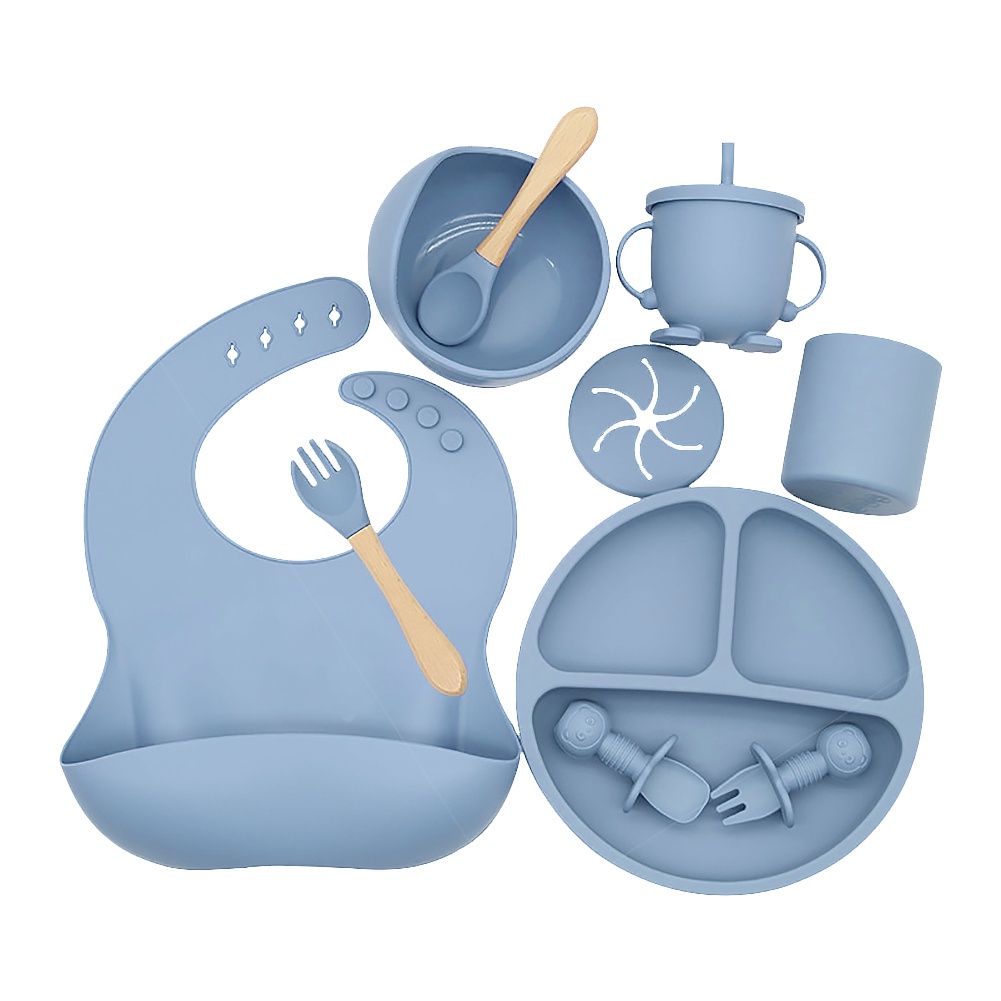 Plato con ventosa Vajilla de silicona Bebe Mantel individual de silicona  con cucharas Plato de succión sin BPA para lavavajillas y microndes (azul)  JM