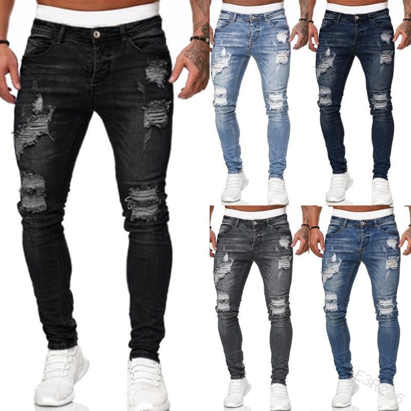 Pantalones Vaqueros Para Hombre Jeans Elástico Skinny Agujero