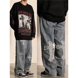 Y2K Cargo Azul jeans De Los Hombres Vaqueros Europeos Y Americanos De La  Calle Alta Cruz Bordado Hip-Hop Marea Marca Recta Suelta Ancho De Pierna