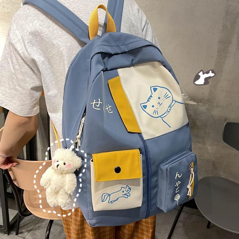 Mochilas escolares con estampado de gato de dibujos animados para mujer,  morral informal de gran capacidad, de viaje, estilo pijo