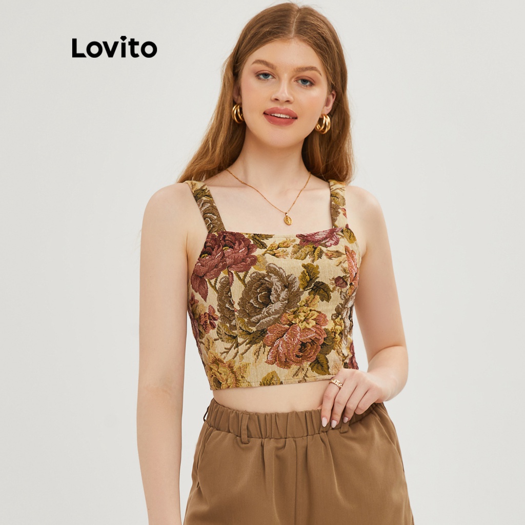 Lovito Top Floral Crop Tirantes Anchos L20D024 Caqui Shopee