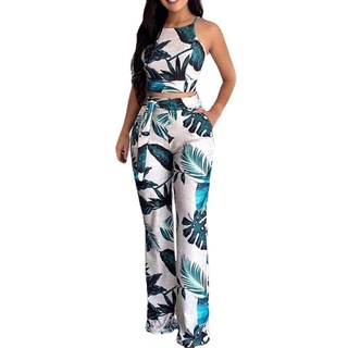 2023 Mujeres Casual Verano Dos Piezas Conjunto De Playa Conjuntos Tropical  Hoja Impresión Crop Top Y Pierna Ancha Floral Pantalones