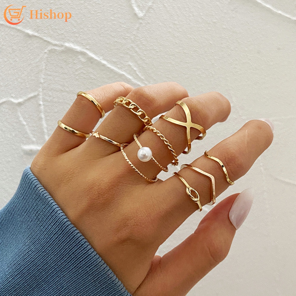 10pcs Set Moda Perla Anillos De Oro Conjunto De Dise o Simple Para