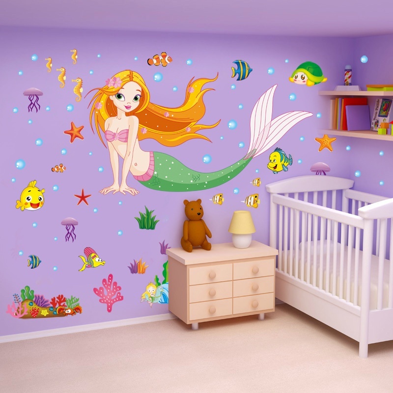 Pegatinas De Pared Temática Sirena Y Océano - 2 Hojas De 90x30 Cm, Fácil De Despegar Y Pegar, Para Habitación Infantil