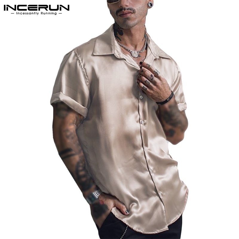 incerun hombres moda seda saten suave manga corta solapa boton hasta camisa casual Shopee Colombia