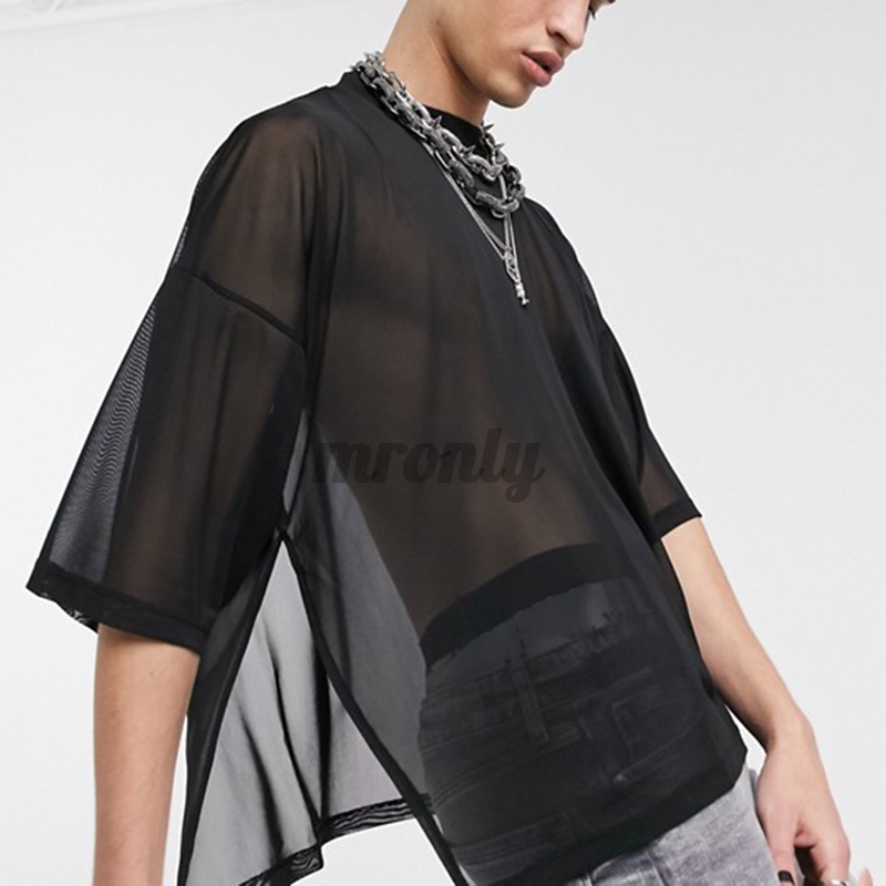 Men's Long Sleeve Men Mesh Sheer T-shirt Transparent Split