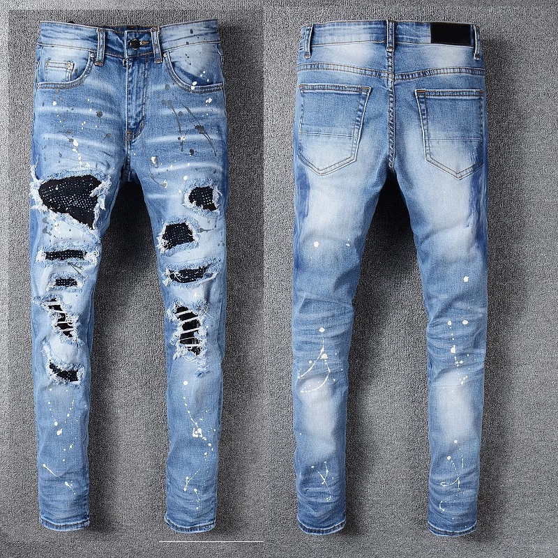 2022 Nuevo Amiri Hole Luxury Ripped Jeans Azul Rojo Diamante