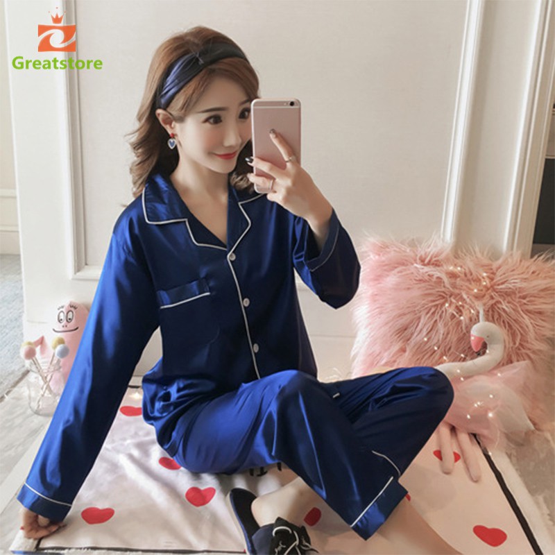 Congelar Sumergido inyectar Seda mujeres Pijamas niñas Pijamas traje de satén camisón pijama de manga  larga Tops pantalones largos conjunto | Shopee Colombia