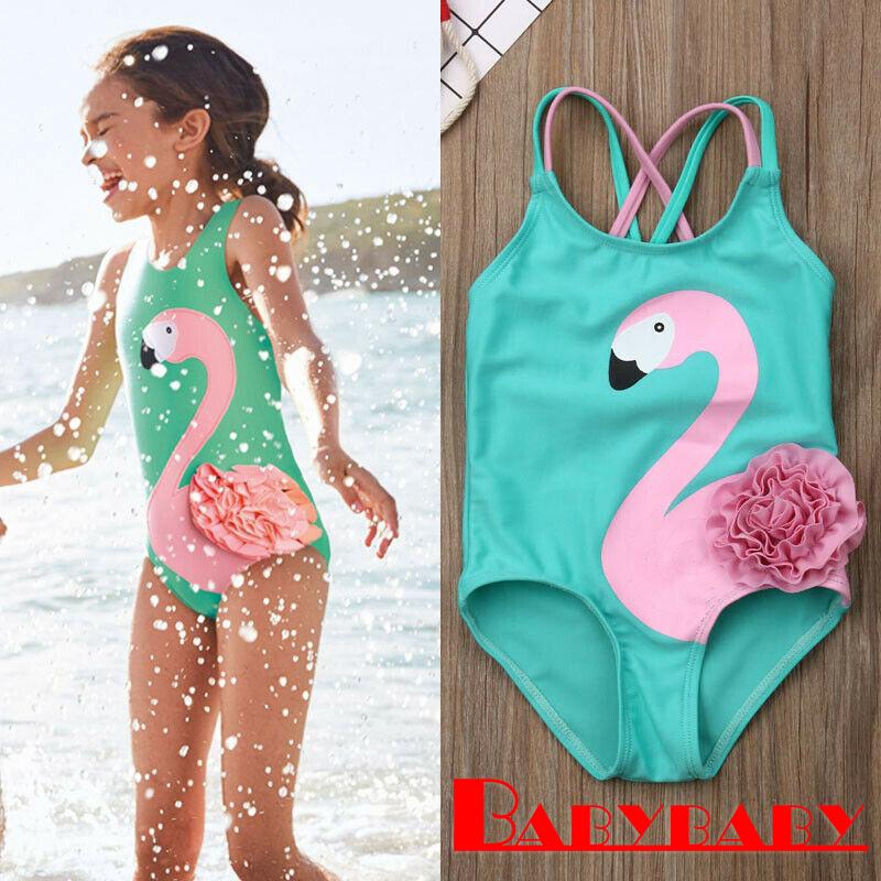 Traje De Baño Niñas Flamingo + Gorro Natacion + Gorro Sol