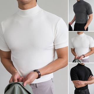  Camiseta básica de punto sólido para hombre, cuello