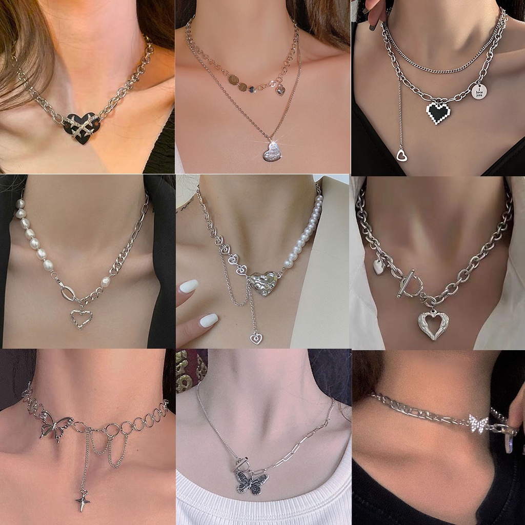 Tendencia Cadena De Perlas Corazón Mariposa Colgante Collar Para Las Mujeres  Kpop Moda Collares Gargantilla Joyas