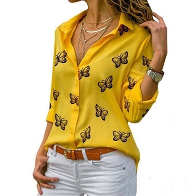Camisa De Solapa Suelta Con Estampado De Mariposa Para Mujer Callejera  Casual Cuello Manga Larga Tops Botón Gasa Blusas