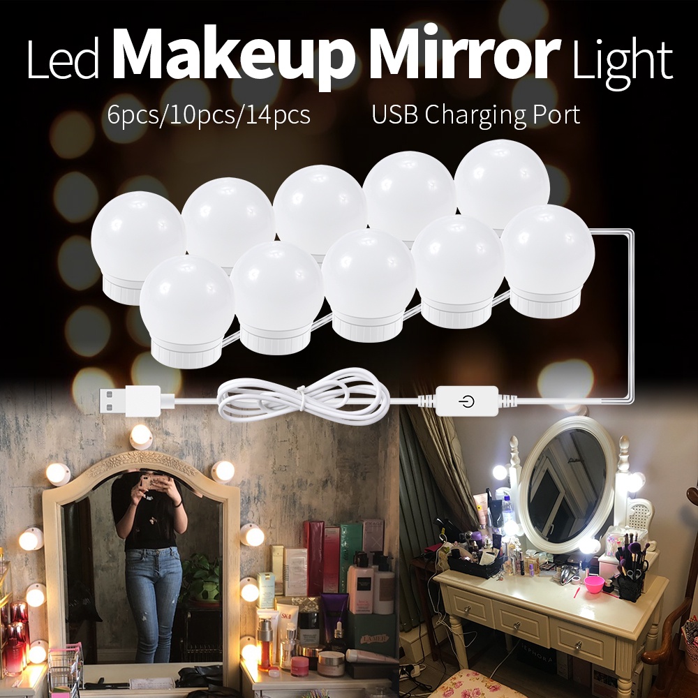 Luces de maquillaje para espejo, luces pequeñas para tocador, luces de  espejo de tocador con 3 colores/10 brillo/5 bombillas, para baño/espejo de