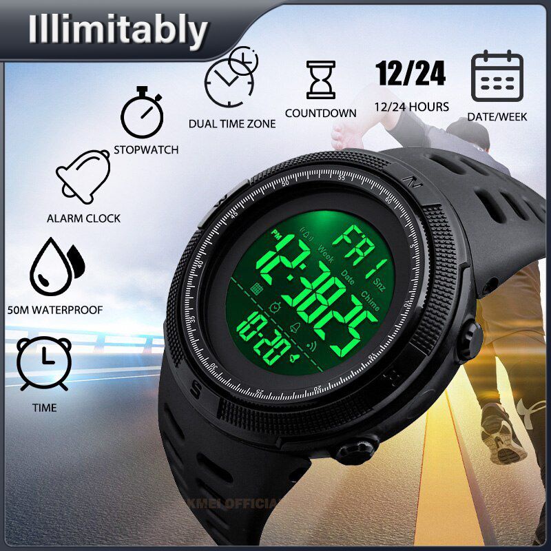 Reloj deportivo digital para hombre Temporizador de cuenta regresiva 50M  Impermeable Dual Time LED Back Light