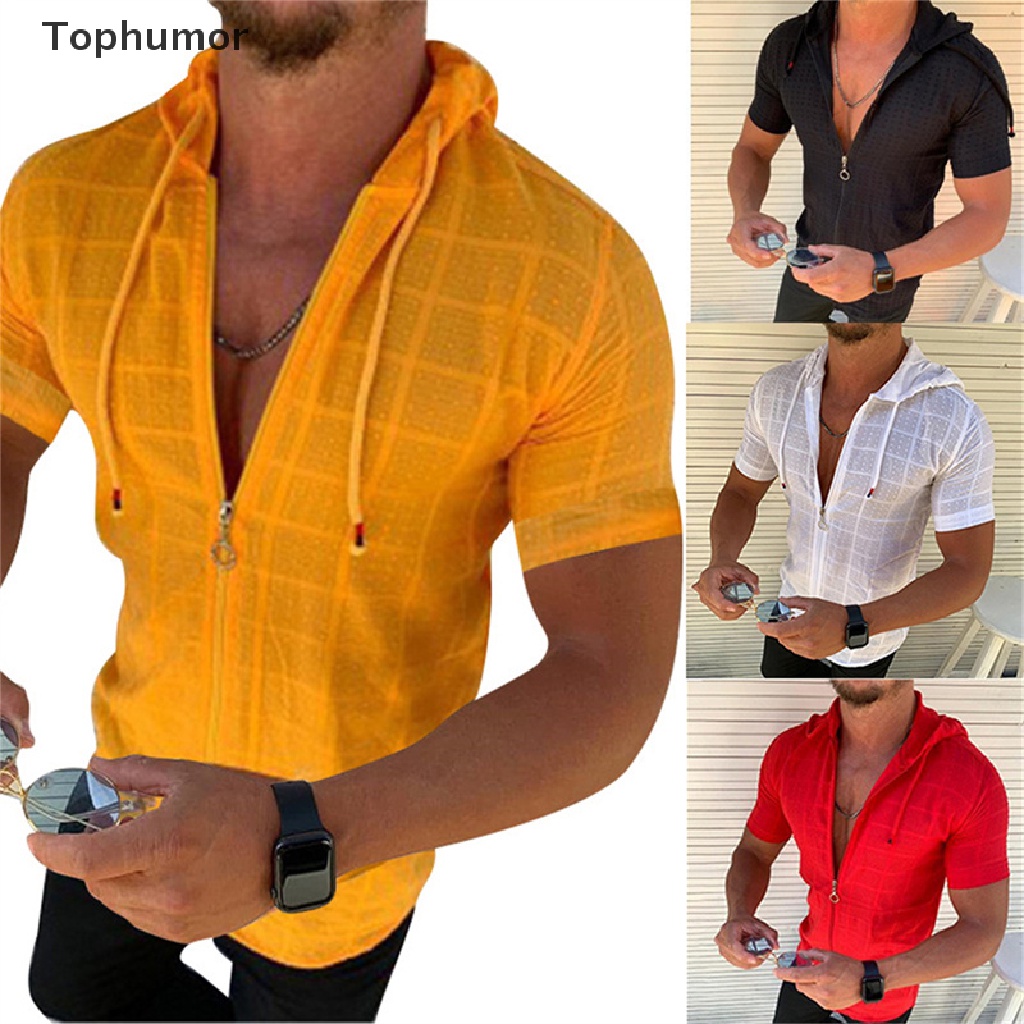 tophumor Camiseta Con Capucha Para Hombre Camisa Con Cremallera casual Manga Corta jogging