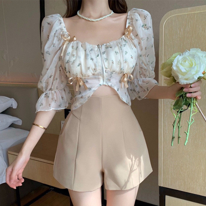 Top Con Estampado Floral Para Mujer Cuello Cuadrado Crop Mangas Cortas Blusa De Gasa Shopee Colombia