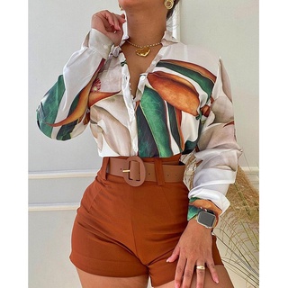 Camisa Con Botones De Manga Larga Con Estampado Floral Para Mujeres De  Verano Tops Blusa Y Pantalones Cortos Trajes Elegantes Conjuntos De 2  Piezas Sin Cinturón