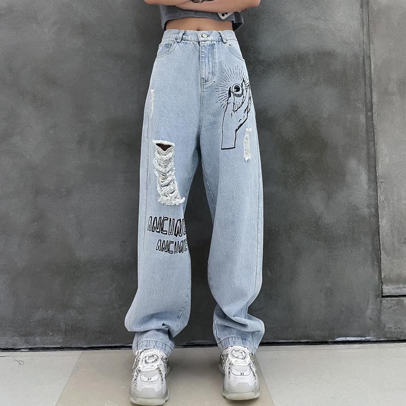 DQWN Personalidad hip-hop ripped jeans Mujeres s Verano Recto Lavado De Cintura  Alta Pantalones Sueltos casual Impreso denim Ancho Pierna Otoño