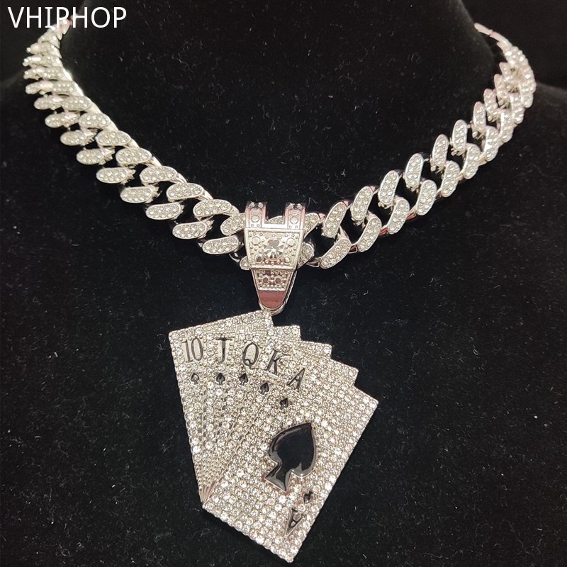 Collar Con Colgante De Tarjeta De Juego Hip Hop Para Hombre Y Mujer Con Cadena Cubana De Cristal