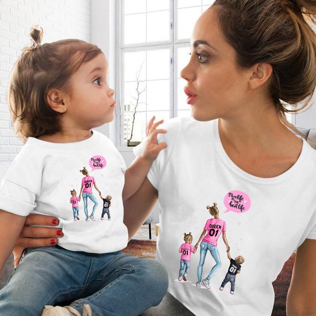 Moda Mama E Hija Hijo Impresion Coincidencia Camisa Camiseta Familia Traje Ropa Verano Mujeres Nino Nina Look