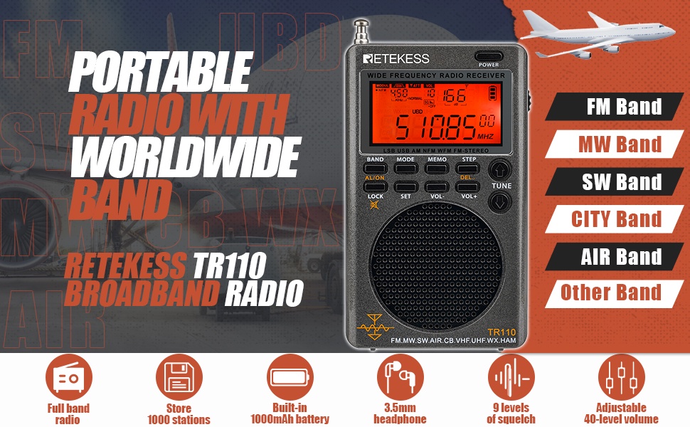 Receptor de radio de banda aérea VHF Grabador de radio portátil de banda  completa (gris)