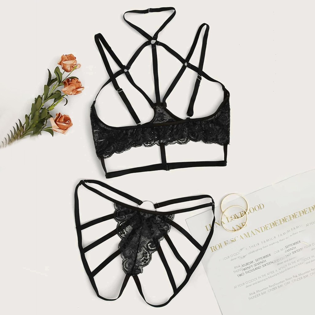 Conjunto De Ropa De Dormir De Talla De Encaje Negro Sujetador + Thong  Lencería Más Mujeres Nueva Interior Íntimos