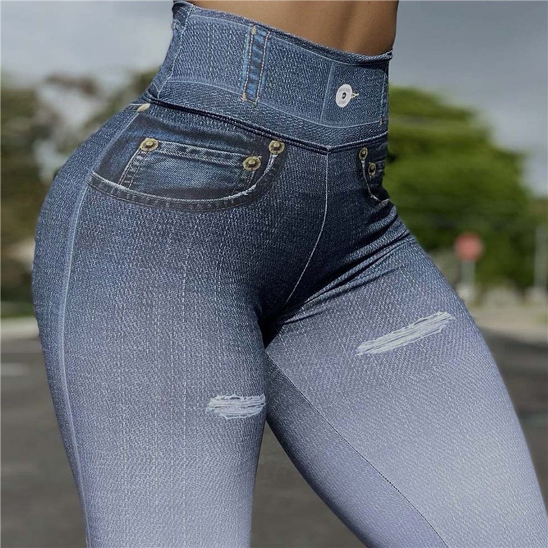 Leggings Para Mujer Slim Faux Denim Jeans Cintura Alta Elástico Pantalones  De Gimnasio Entrenamiento Trotar