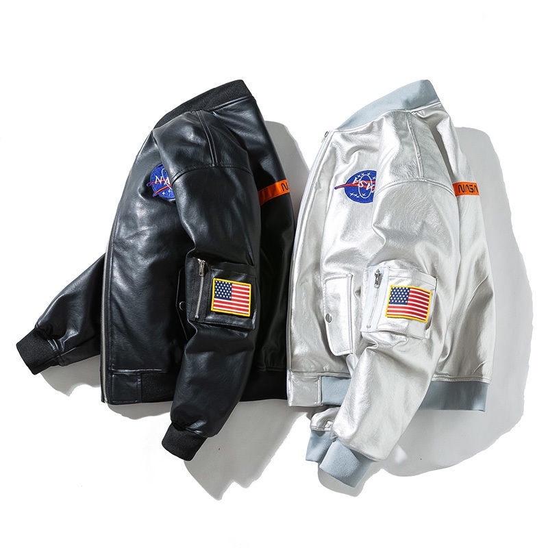 NASA Chaqueta De Cuero De Astronauta Engrosada Para Hombres Y Mujeres Sint tica Suelta Uniforme De B isbol De Plata