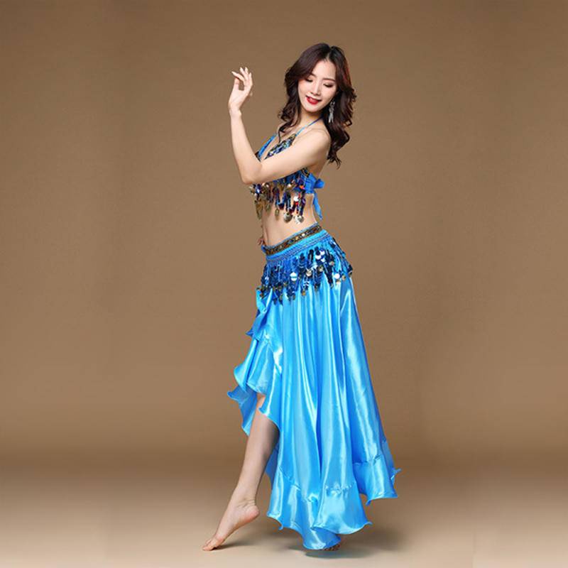 Traje De Danza Del Vientre ROYAL SMEELA - Conjunto De Sujetador, Cinturón Y Falda - Lentejuelas Heladas Y Seda Dorada - Tallas S A XL