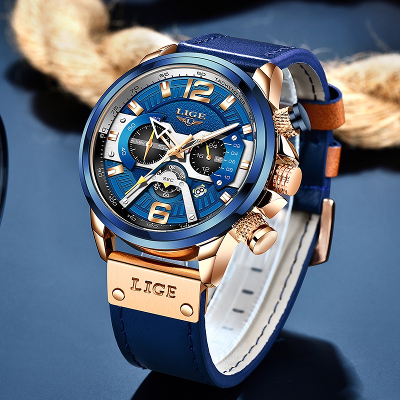 LIGE Relojes Hombre, Reloj de Pulsera de Cuero con Correa de Cuero