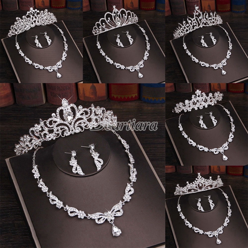 Juego de aretes de collar de Tiara de corona de boda joyas de boda tres piezas Shopee Colombia