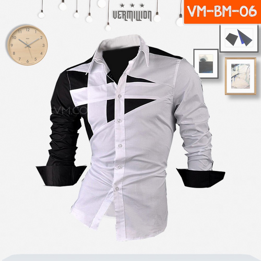 Camisas casuales para hombre tiras de manga larga blanco negro BM 06