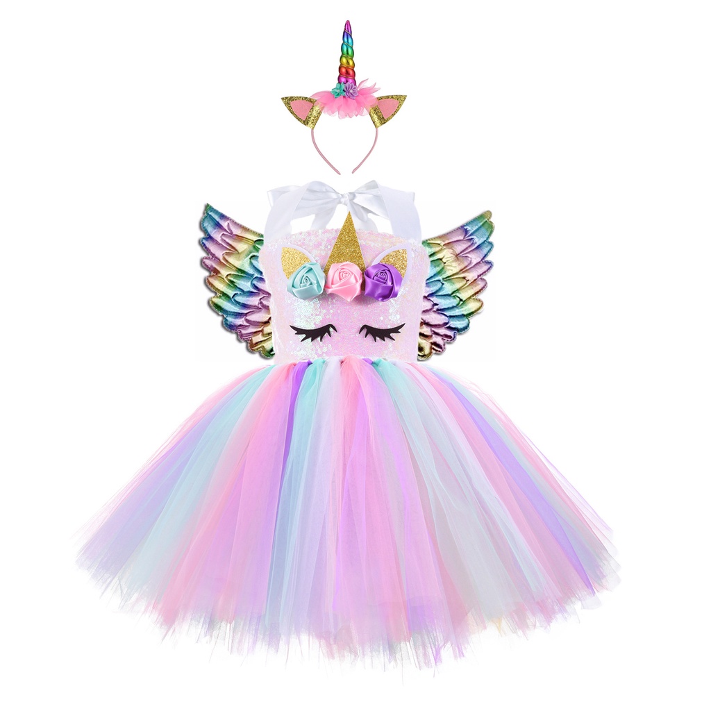 3pcs niñas unicornio princesa vestido conjunto de niños arco iris