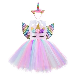 3pcs niñas unicornio princesa vestido conjunto de niños arco iris tutú vestidos  de fiesta vestir con diadema alas halloween cosplay disfraz de cumpleaños  033