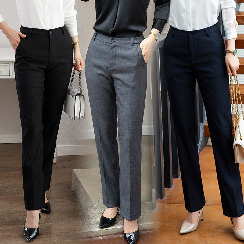 Estilo Coreano Elegante Pantalones De Mujer De Gama Alta 2021 Otoño Cintura  Oficina Señora Delgado Recto Más Talla S-4XL Negro Azul Gris