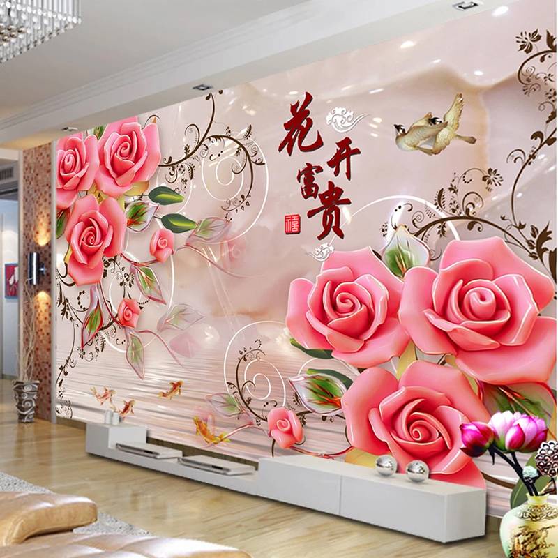 Fondo Sala De Estar Con Murales Decorativos Con Estampado De Flores Fondo,  Papel Pintado Mural Clásico