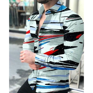 Camisa De Manga Larga Casual Con Botones Para Hombre Con Estampado