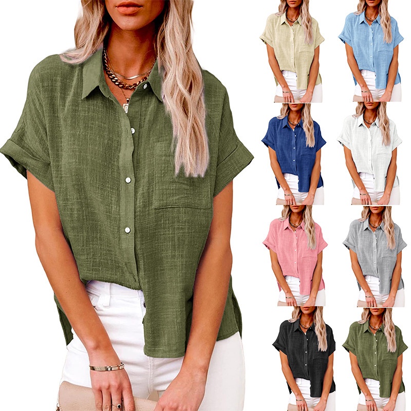 Camisas De Lino De Algodon Solido De Verano Para Mujer Blusas Sueltas Informales De Manga Corta Con Botones Shopee Colombia