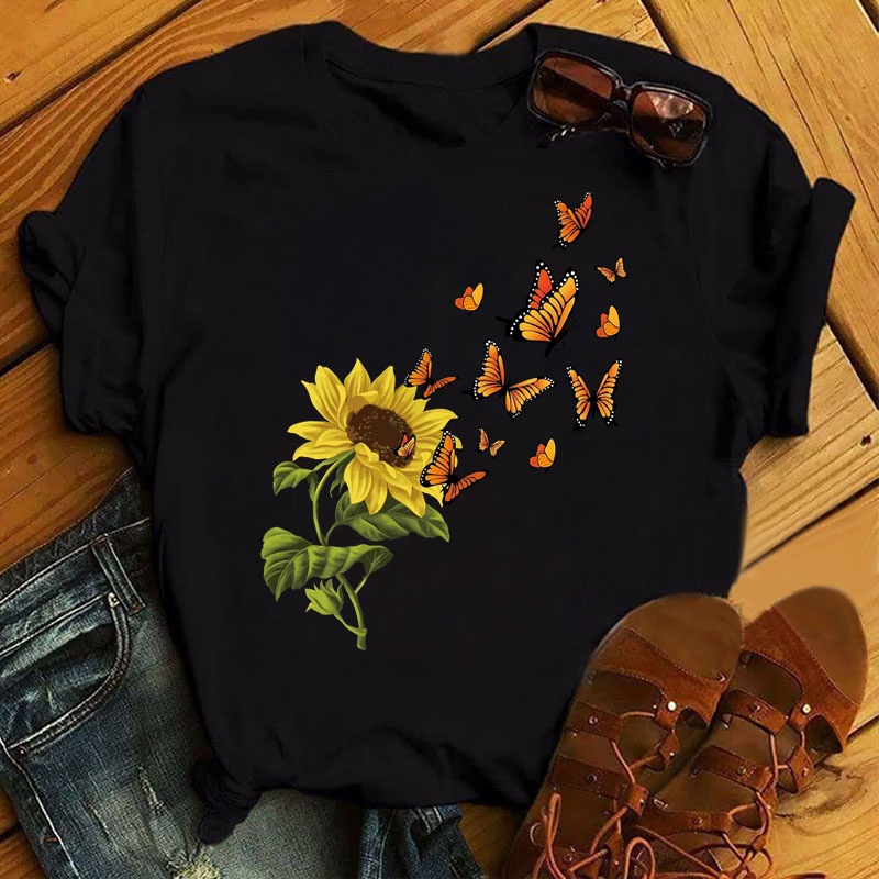 Camisetas para mujer, con estampado gráfico floral de mariposas, cuello  redondo, manga corta, camisetas de verano (color 1-naranja, talla: L)