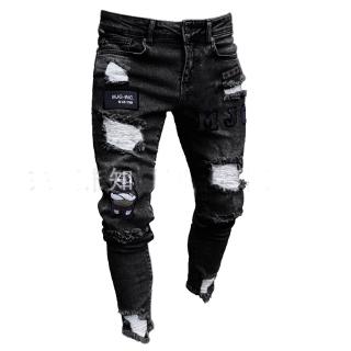 Hombres elástico rasgado flaco motociclista bordado pantalones vaqueros  destruido agujero Taped Slim Fit Denim rascado de alta calidad